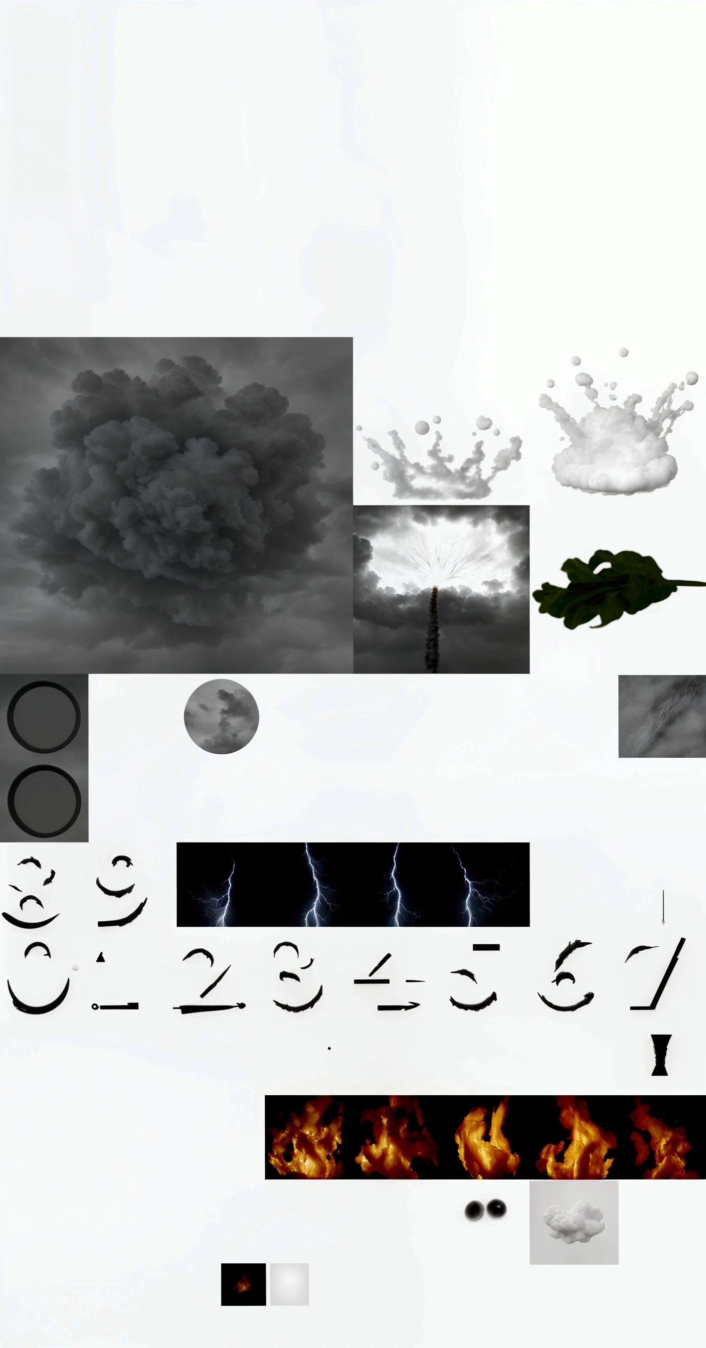 cloud, fire, Super detail of each object, photoshopped brush, photoshopped, with small details of objects, Lots of elements, detailed lighting and thunder, Rarefied floating particles, Material package, diffuse texture, Image Dataset, mostly shades of gray, Texturing, rendering