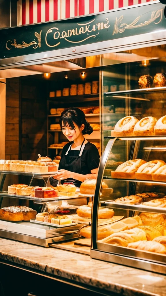 there is a woman standing behind a counter with a variety of food, a picture by Maki Haku, unsplash, happening, cafe, bakery, inside a french cafe, fantasy bakery interior setting, cafe interior, fresh bakeries in the background, cute bakery shop, morning golden hour, at the counter, ❤🔥🍄🌪, morning hour, morning light