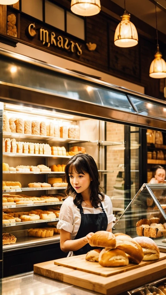 there is a woman standing behind a counter with a variety of food, a picture by Maki Haku, unsplash, happening, cafe, bakery, inside a french cafe, fantasy bakery interior setting, cafe interior, fresh bakeries in the background, cute bakery shop, morning golden hour, at the counter, ❤🔥🍄🌪, morning hour, morning light