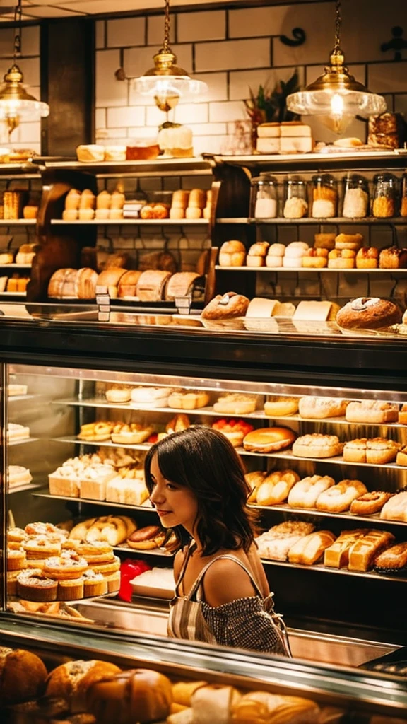 there is a woman standing behind a counter with a variety of food, a picture by Maki Haku, unsplash, happening, cafe, bakery, inside a french cafe, fantasy bakery interior setting, cafe interior, fresh bakeries in the background, cute bakery shop, morning golden hour, at the counter, ❤🔥🍄🌪, morning hour, morning light