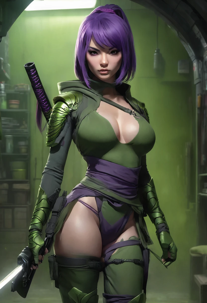 1 woman, inside a hand weapons room, wearing moss green ninja clothing, detailed facial features, feminine brown eyes, detailed light skin, medium length purple hair, image showing full body, cleavage, dramatic lighting, cinematic composition, palette cold, dark colors, atmospheric fog, strong body, thin chin, (best quality, 4K, 8K, high resolution, art: 1.2), ultra-detailed, (realistic, photorealistic, photorealistic: 1, 37)