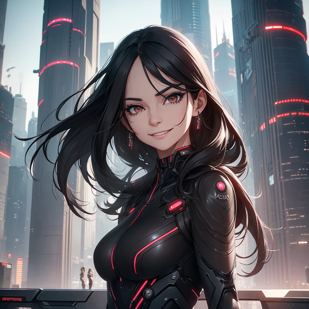 a mature woman with long black hair, brown eyes, and a mocking smile, wearing futuristic clothes in a futuristic setting, detailed facial features, ultra-detailed, masterpiece, photorealistic, high quality, 8k, sharp focus, vivid colors, science fiction, cyberpunk