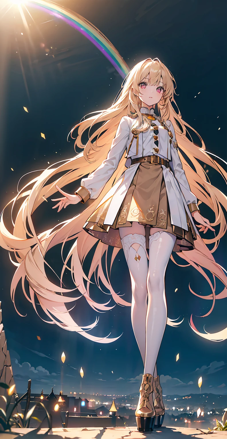 (Maximum resolution)，girl, Light brown long hair, Big pink eyes, Otome Kei, Beige pantyhose, Long legs，Platform heeled boots, Perfect skin, A perfect face, The most beautiful thing, super Beautifully, {Extremely detailed 8k CG unit wallpaper}, Wide-ranging landscape photography, (Watch from below，Focus on character and setting), (Broader horizons), (Low angle shot), (emphasize: 1.2), (Low light: 1.5), (Warm light source: 1.6), Intricate details, (Rainbow Colors: 1.2), (Bright Lights), (Atmospheric lighting), Dreamy, magic, Beautifully