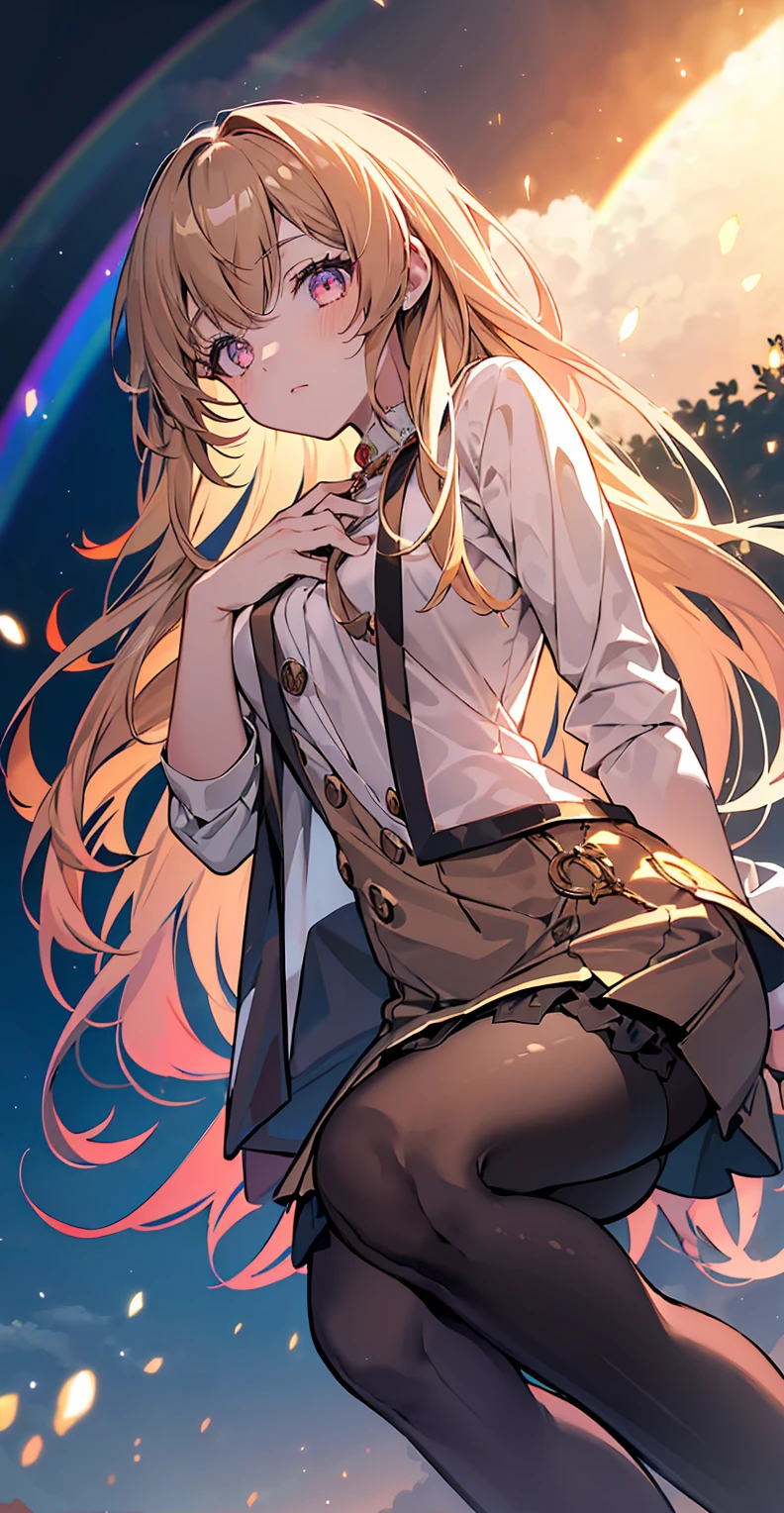 (Maximum resolution)，girl, Light brown long hair, Big pink eyes, Otome Kei, Beige pantyhose, Long legs，Platform heeled boots, Perfect skin, A perfect face, The most beautiful thing, super Beautifully, {Extremely detailed 8k CG unit wallpaper}, Wide-ranging landscape photography, (Watch from below，Focus on character and setting), (Broader horizons), (Low angle shot), (emphasize: 1.2), (Low light: 1.5), (Warm light source: 1.6), Intricate details, (Rainbow Colors: 1.2), (Bright Lights), (Atmospheric lighting), Dreamy, magic, Beautifully