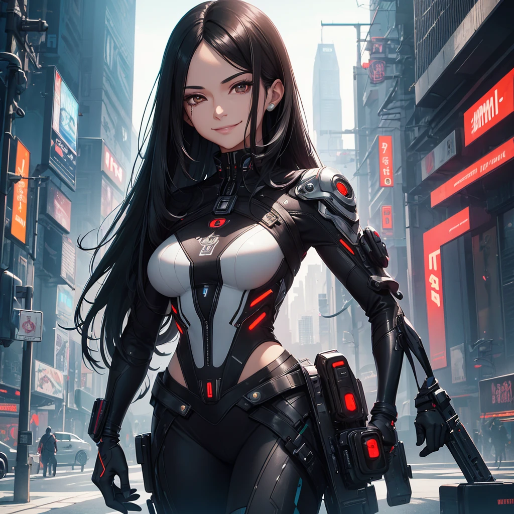 a mature woman with long black hair, brown eyes, and a mocking smile, wearing futuristic clothes in a futuristic setting, detailed facial features, ultra-detailed, masterpiece, photorealistic, high quality, 8k, sharp focus, vivid colors, science fiction, cyberpunk