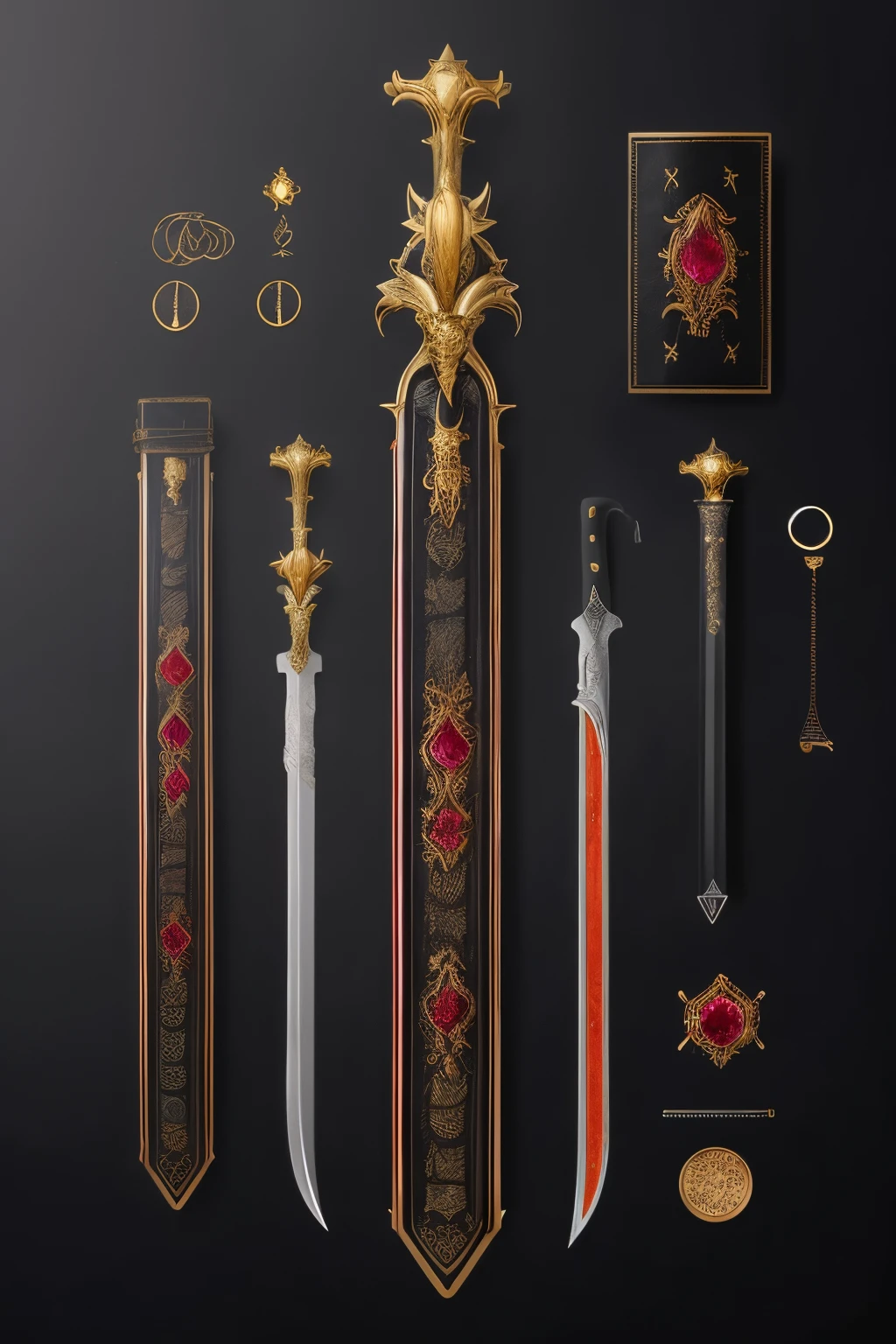 A huge black-bladed sword, adorned with glowing red and orange arcane runes. The hilt is wrapped in dark manticore leather with gold accents. no knob, a large enchanted ruby shines brightly, emitting a dark aura. The sword is in a dark setting, like a volcanic cave or an ancient altar.