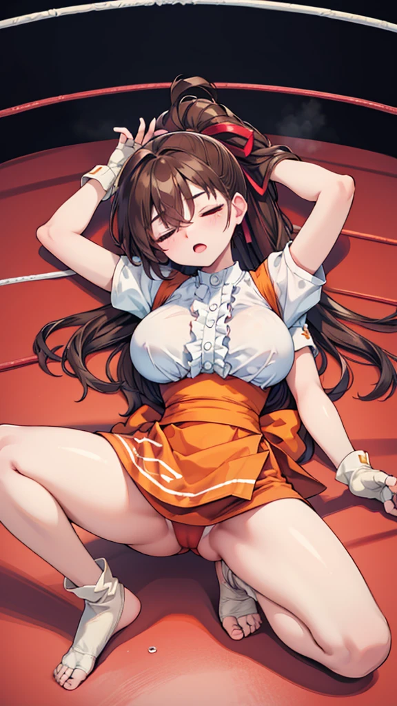 Highest quality，masterpiece，Lying down，sleep，(レスリングのリングにLying down, WWE Divas，Wrestling Arena，Wrestling ring background, Boxing ring background), 仰向けにsleep, Lack of stamina, Ryona, Hitting a girl, death is near，タケユカ 超ロングヘア ヘアribbon, Frilled shirt, Underbust, ribbon, Fingerless gloves, White gloves, Waist apron, Orange Skirt, socks, Toeless legwear，winner, Nice, winner, (Moaning , Open your mouth), ((, 仰向けにsleep, 地面にsleep, lose consciousness, Unconscious, )), , ( Tilt your head),