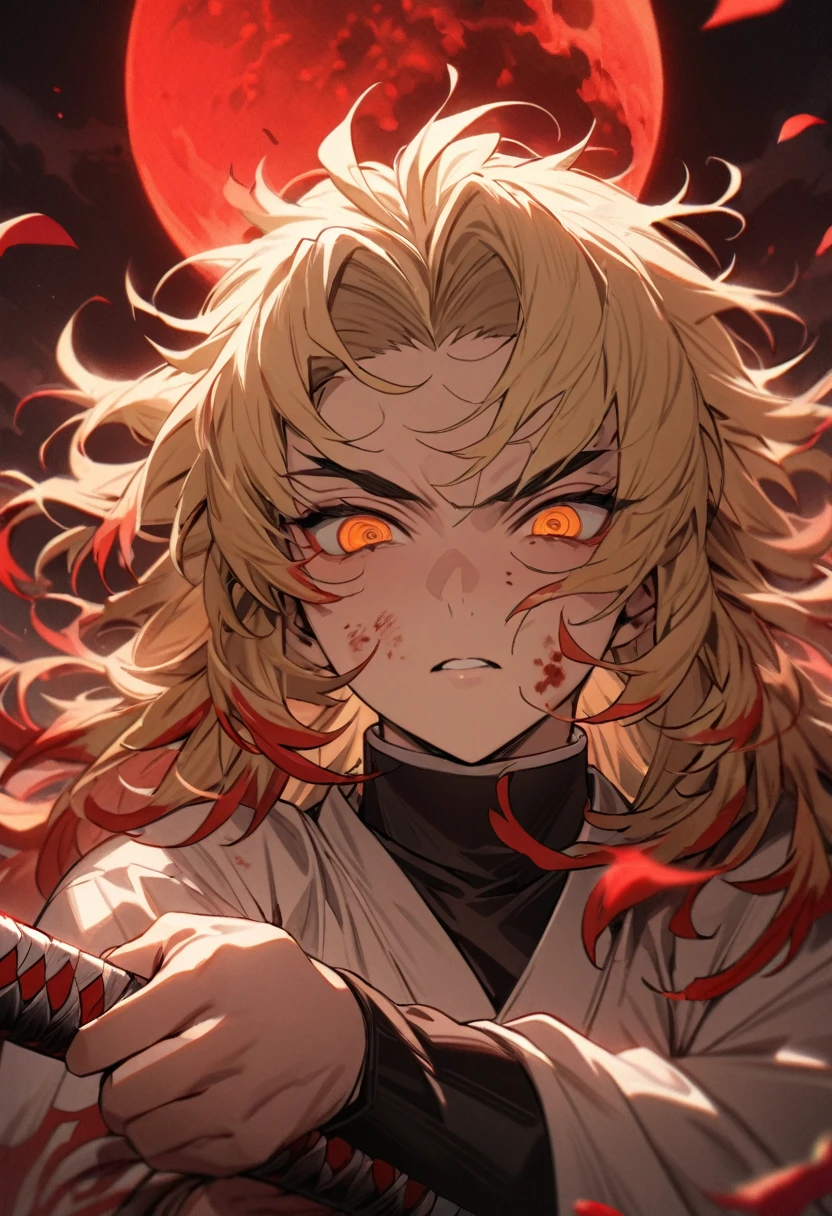 Absurd, High resolution, Very detailed, High resolution, masterpiece, Highest quality, Rengoku Kyojuro grabbing a katana, Medium blonde hair with red streaks, Expressive orange eyes, Kimetsu no Yaiba, 1 person, good looking, Red petals, red lily, Red Moon, Inflammation 