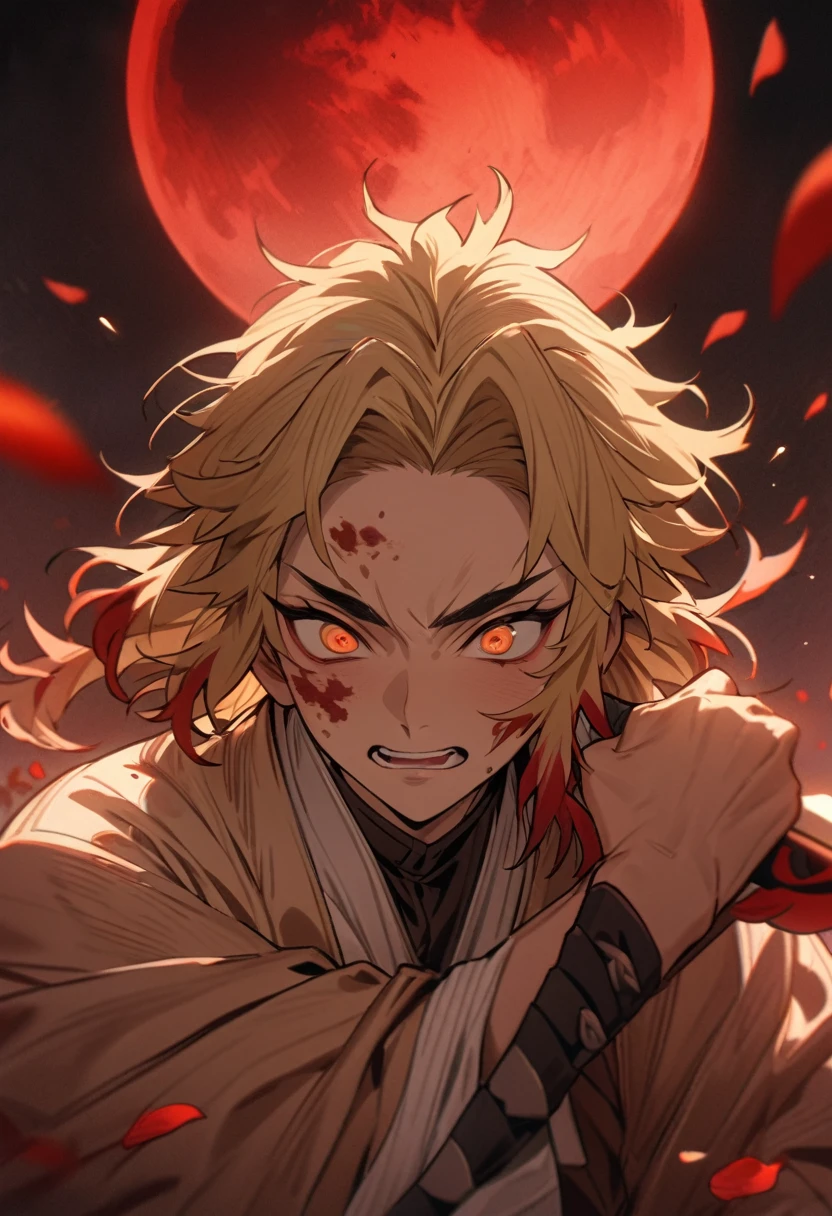 Absurd, High resolution, Very detailed, High resolution, masterpiece, Highest quality, Rengoku Kyojuro grabbing a katana, Medium blonde hair with red streaks, Expressive orange eyes, Kimetsu no Yaiba, 1 person, good looking, Red petals, red lily, Red Moon, Inflammation 