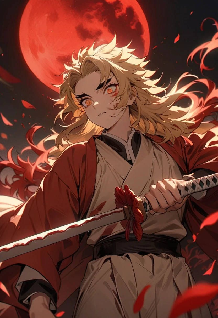 Absurd, High resolution, Very detailed, High resolution, masterpiece, Highest quality, Rengoku Kyojuro grabbing a katana, Medium blonde hair with red streaks, Expressive orange eyes, Kimetsu no Yaiba, 1 person, good looking, Red petals, red lily, Red Moon, Inflammation 