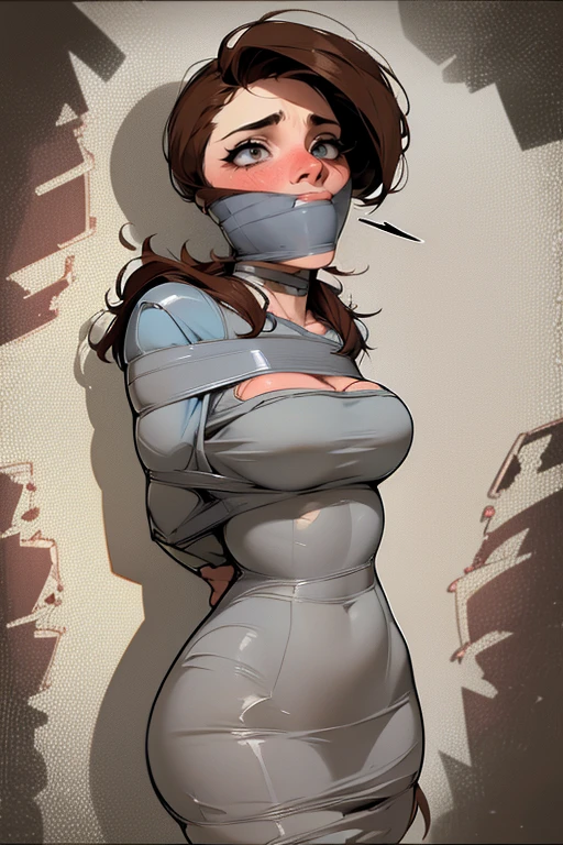 Really tight tape gagged wrapped around head, Pretty woman, Jane porter, arms tied behind back, wrists bound behind back, Blue eyes, brown hair, shiny tape, blushing, large , expression of pleasure,