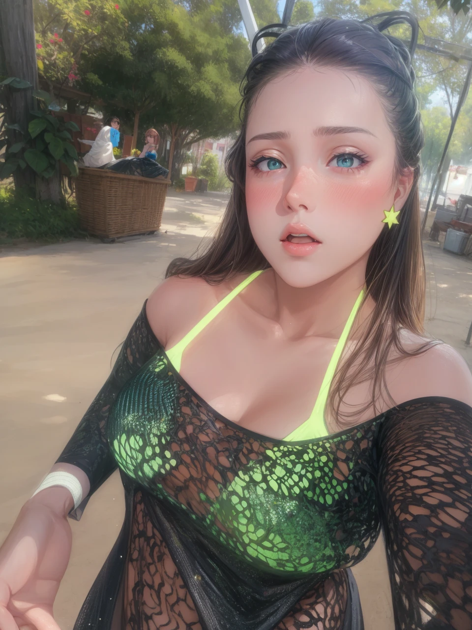 realisitic, 1girl, light hair , greeneyes, glare eyes, top cropped, overskirt, half-open lips, blush, luz seios medio, bunda grande