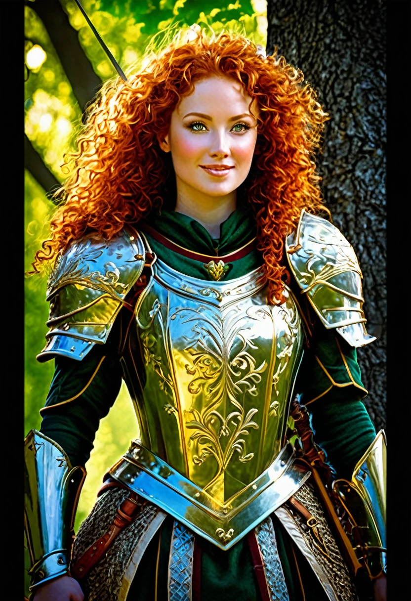 A brave medieval princess, beautiful in her red curly hair, rounded face, Toned body, tanned skin, toned fit armor, beautiful smile, beautiful big eyes, flushed cheeks, redhead, hair in the wind, amid oak trees, shiny breastplate, holds a long shining sword towards the sky, sparkling light, detailed gold and silver scratches on his armor, green leaves of trees, strong lighting, HDR, 4K, high contrast colors