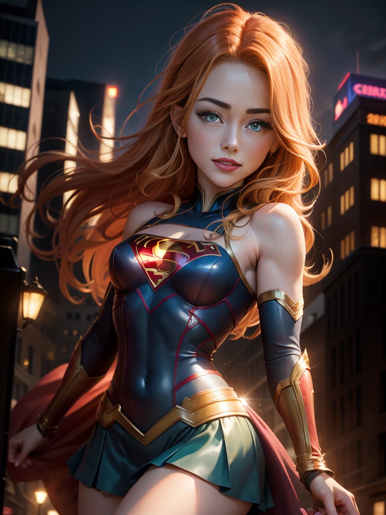 AMBER HEARD, supergirl, supergirl costume, anime, medium , perfect face, ginger hair, perfect hands, 5 fingers, seducing smile, v4, 8k, small breasts, (upper body view), light green eyes, Emerald eyes, symbol-shaped pupils, (background: on city building), night light, night, jim lee,