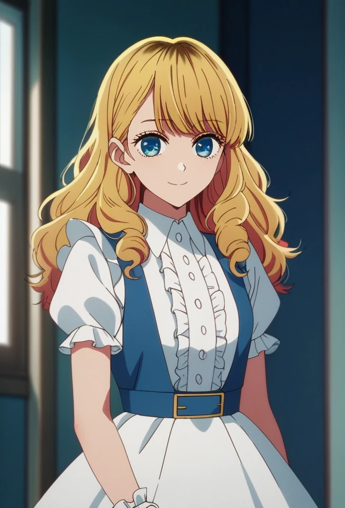 oshi_no_ko_style,blonde curls,sidecurls,fringe bangs,blue eyes,long eyelashes,cowboyshot,standing,,soft smile,long hair,masterpiece,highres,absurdres,white puffy short sleeves,collared dress,suspender dress,solo,frilled cuffs,frilled blouse,,,light blue pinafore dress,