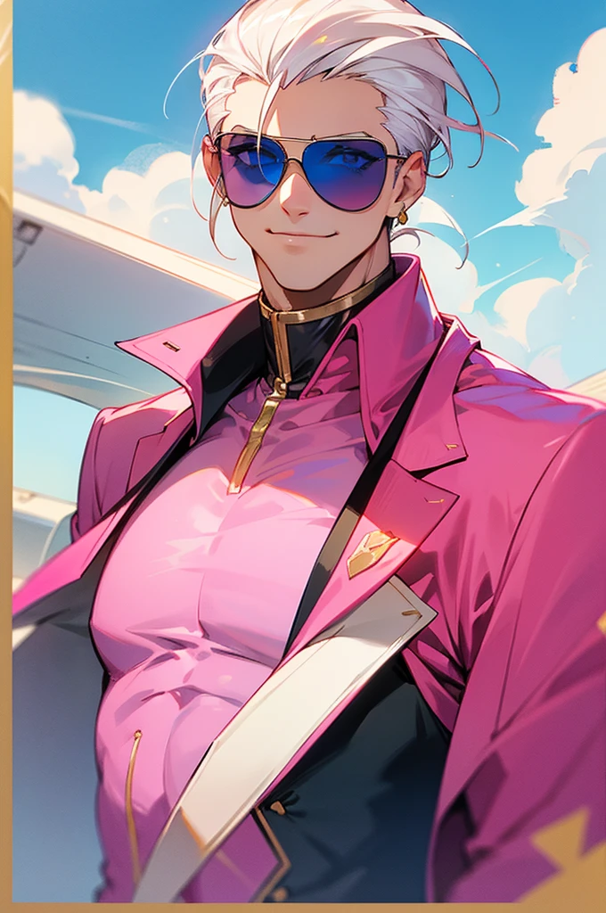 Adult male,Mature and stable,Off-white hair,Slicked back,Eyes as blue as the sky,Pink sunglasses,Pink suit,Gold round earrings,Host,Smile
