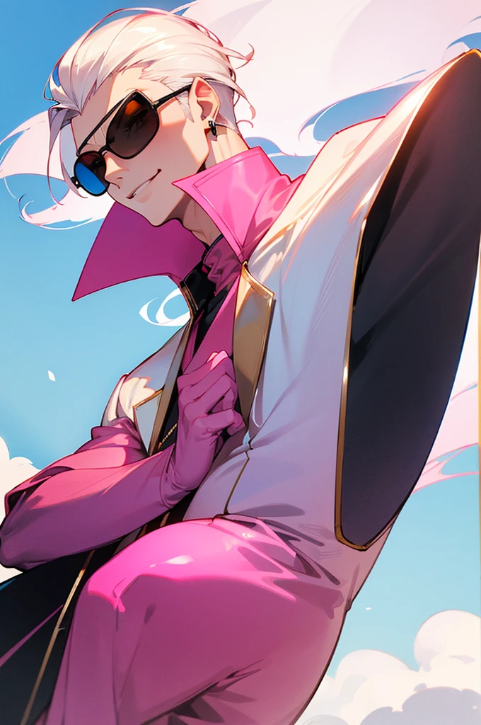 Adult male，Mature and stable，Off-white hair，Slicked back，Eyes as blue as the sky，Pink sunglasses，Pink suit，Gold round earrings，Host，Smile