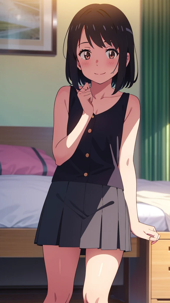 shinkai makoto, kimi no na wa., 1girl, bangs, black hair, blush, brown eyes, looking at the viewer, sleeveless dress, skirt, bare shoulders, short hair, solo, bedroom, shinny skin, smile, cute, (masterpiece), best quality