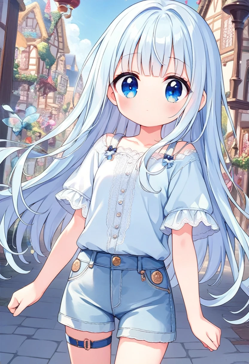 masterpiece, best quality, extremely detailed, (illustration, official art:1.1), 1 girl ,(((( light blue long hair)))), ,(((( light blue long hair)))),light blue hair, , long hair ((blush)) , cute face, big eyes, masterpiece, best quality,(((((a very delicate and beautiful girl))))),Amazing,beautiful detailed eyes,blunt bangs((((little delicate girl)))),tareme(true beautiful:1.2), sense of depth,dynamic angle,,,, affectionate smile, (true beautiful:1.2),,(tiny 1girl model:1.2),)(flat chest) ,(masterpiece, best quality), 1girl, Carnation High Fade with Quiff, small breasts, Copper V-neck top and Button-front denim skirt, thigh strap, Standing with one hand touching the chin, looking thoughtful ,(((Short sleeve shirts, short shirts))),In town