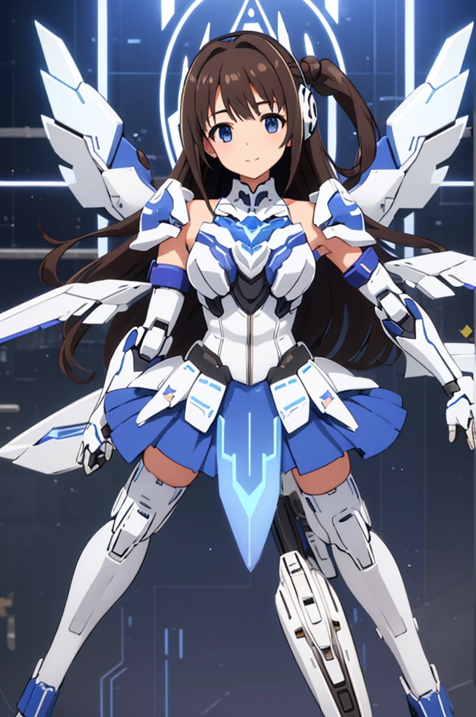 Mecha Wings、White and blue skirt、Accentuated thighs、White tights、chest、Beautiful brown hair、1 girl、solo girl、Thick thighs、is、Frame Arms Girl、Alice Gere Aegis、White Armor、Blue and purple lines、income、headphone、hand on own chest、smile