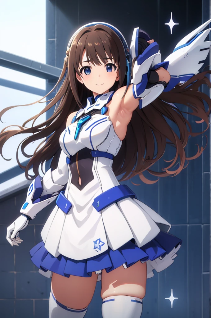 Mecha Wings、White and blue skirt、Accentuated thighs、White tights、chest、Beautiful brown hair、1 girl、solo girl、Thick thighs、is、Frame Arms Girl、Alice Gere Aegis、White Armor、Blue and purple lines、income、headphone、hand on own chest、smile