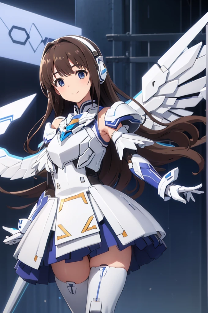 Mecha Wings、White and blue skirt、Accentuated thighs、White tights、chest、Beautiful brown hair、1 girl、solo girl、Thick thighs、is、Frame Arms Girl、Alice Gere Aegis、White Armor、Blue and purple lines、income、headphone、hand on own chest、smile