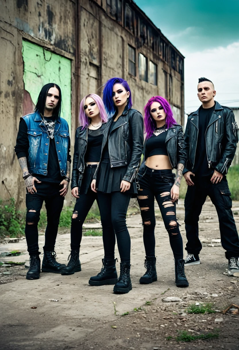 (Masterpiece, 8K, UHD, high resolution: 1.4), realistic photo of 5 members of a nu metal band, (2 women and 3 men: 1.2), (wearing 2000s nu metal style clothing: 1.3), (confident and dynamic pose for promo photo: 1.2), (background of an abandoned and worn-down location: 1.2), (some members with hair dyed blue, purple, or green: 1.2), (elements of alternative fashion and rebellious attitude: 1.3), (dark and industrial atmosphere: 1.3), (realistic and intricate details: 1.2), (elements of music and subculture: 1.2), (captivating and strong perspective: 1.3)
