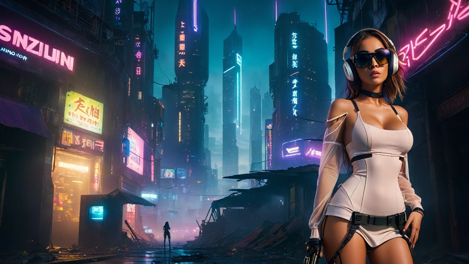 dark futuristic landscape, at night, neon lights, Atmospheric fog, large buildings in the background, futuristic city, streets with open shops, skyscraper (postapocalyptic city:1.3). (((1girl, solo, alone))), large-breast:1.2 slim body, cleavage:1.1, sexy miniskirt, (((headphone, black sunglasses, standing and holding pistol pose))), (((half-body thigh level medium shot))), cinematic lighting, lens flare, ray tracing.