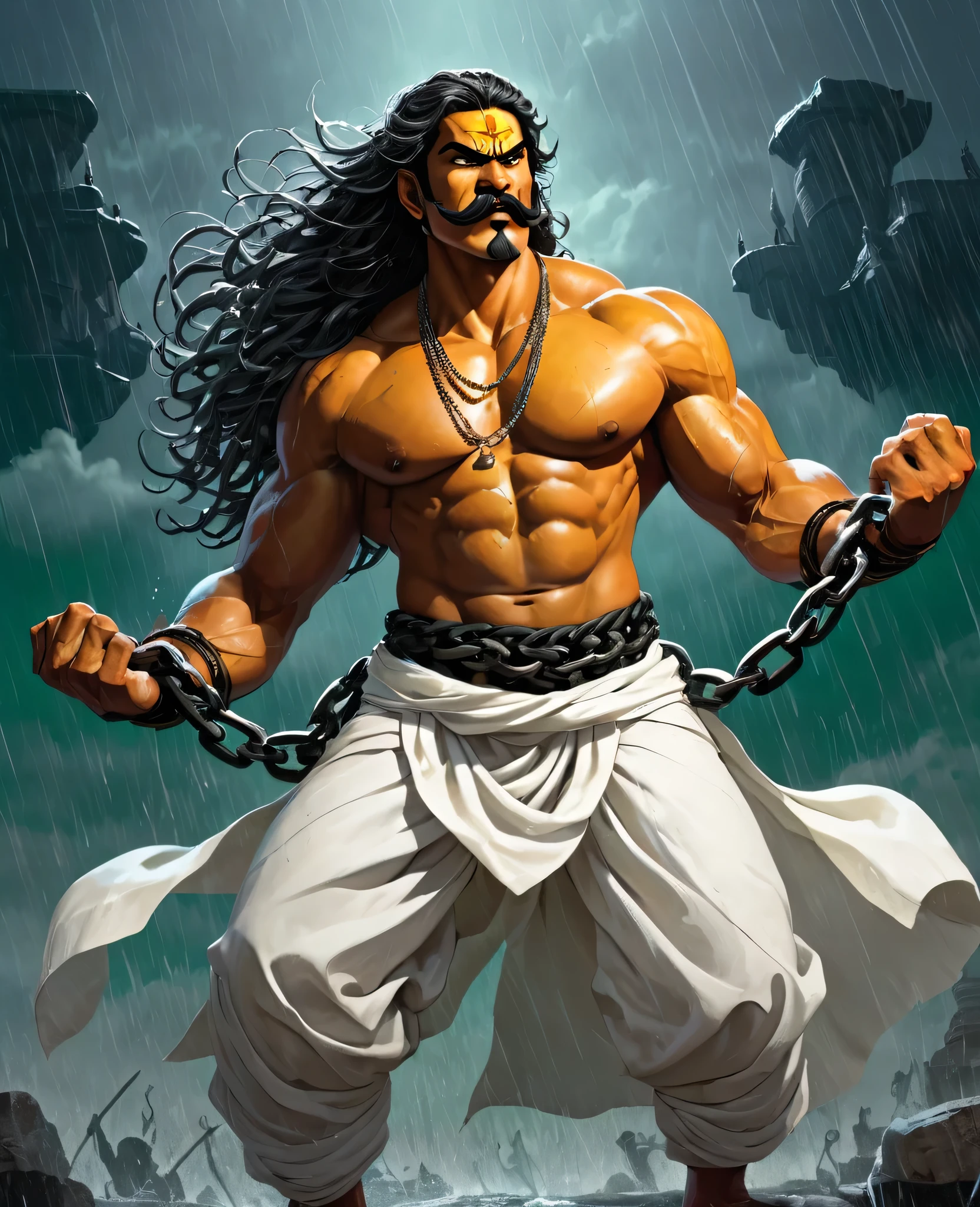 A striking, visually captivating illustration of a powerful Maratha (shouting:1.5) power up pose, power stance, as green is prisionner warrior standing tall amidst dark clouds and heavy rain. His muscular, drenched body is adorned with massive long continuous shakles and black chains at his arms, hips, and legs, while his glowing yellow eyes and fierce determination exude strength. With perfect facial features, a long handlebar mustache, and flowing drenched hair, he shouts in anger as he pulls the chains with immense strength. The golden hour's light illuminates him from behind, casting a dramatic rim light on his bulky frame, and the stormy atmosphere intensifies the dark fantasy scene. Clad in a white traditional dhoti-like pants and a torn white robe, the warrior's immense size and the gathering clouds create a mesmerizing visual experience that is both vibrant and cinematic, blending elements of painting, poster, and fashion into a concept, vibrant, poster, fashion, illustration, cinematic, painting, dark fantasy art by greg rutkowski