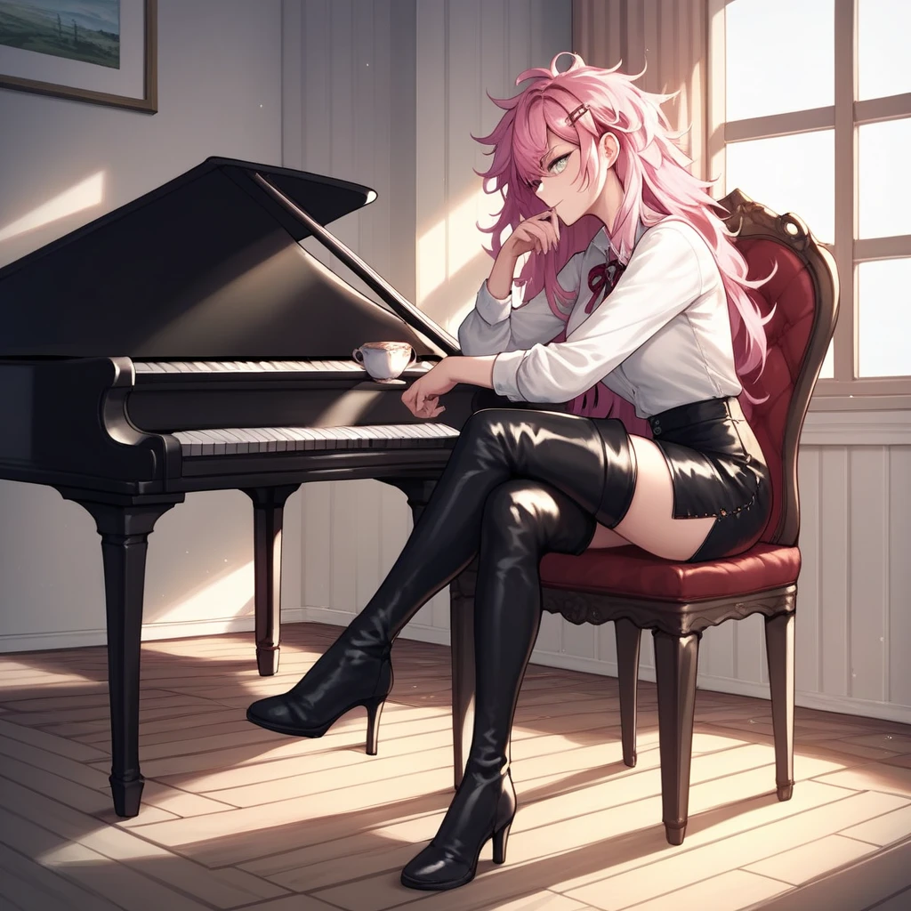 score_9, score_8_up, score_7_up, score_6_up, score_5_up, score_4_up, source_anime, 1girl, sit, chair, table, hairpin, pink hair, long hair, white eyes, Playing the piano, Fingers on the piano keys, messy hair, white shirt, leather skirts, thigh high boots, crossed legs, black boots, living room, windows, tea, evening, best quality, best res, 4K UHD,