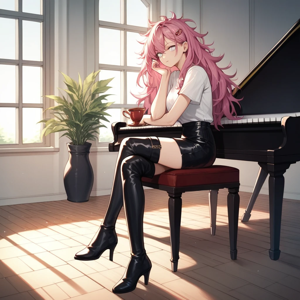 score_9, score_8_up, score_7_up, score_6_up, score_5_up, score_4_up, source_anime, 1girl, sit, chair, table, hairpin, pink hair, long hair, white eyes, Playing the piano, Fingers on the piano keys, messy hair, white shirt, leather skirts, thigh high boots, crossed legs, black boots, living room, windows, tea, evening, best quality, best res, 4K UHD,
