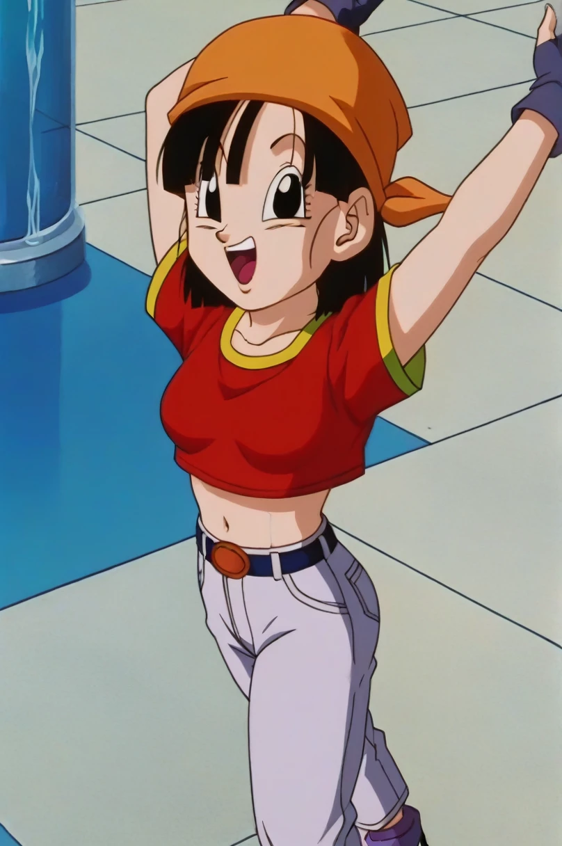 fountain_cheered up, score_9, score_8_above, score_7_above, cheered up screencap,8k, absurd resolution,
Pan \(Dragon Ball\), 1 girl, Alone, SMILE, Open mouth, hits, happy, Grass, black fur, Field, clavicle, aboveper body, :d, teeth, blunt hits, outdoor, black eyes, arm above, eyelashes, aboveper teeth only, happy, in front of the viewer, close-above, bandana, retro artStyle, , 1990s \(Style\), orange scarf, language, arched eyebrows, arms above, short hair, medium chest, showing buttocks, 2nalgas, perfect anatomy, skimpy clothing, medium breasts, medium rear, unclothed, big sexy ass, medium hips, sexy bikini