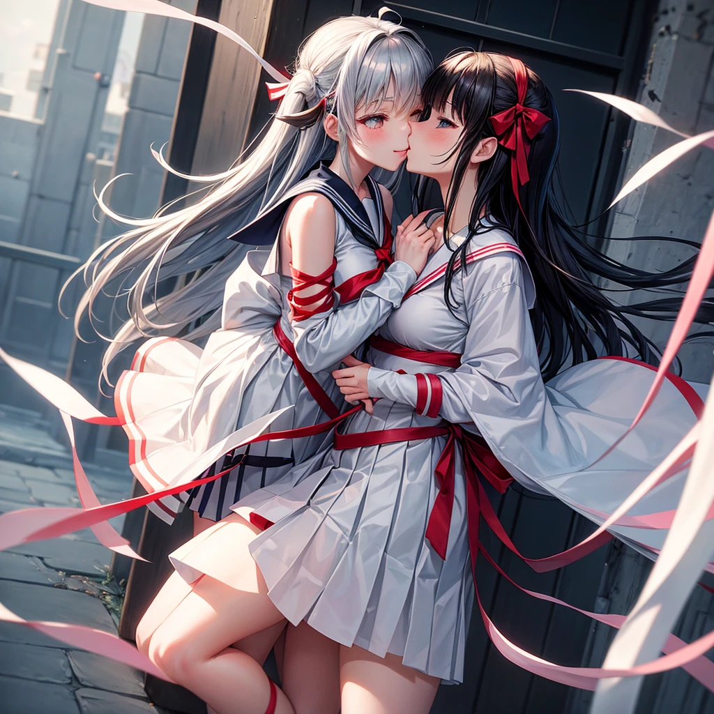Kisara | Kiss of the Contract | Kisara is、anime、character、girl、anime，1girl kisara hair ribbon、Gray sailor suit, red ribbon, white skirt、smile，美しいgirl，Bandage leg　