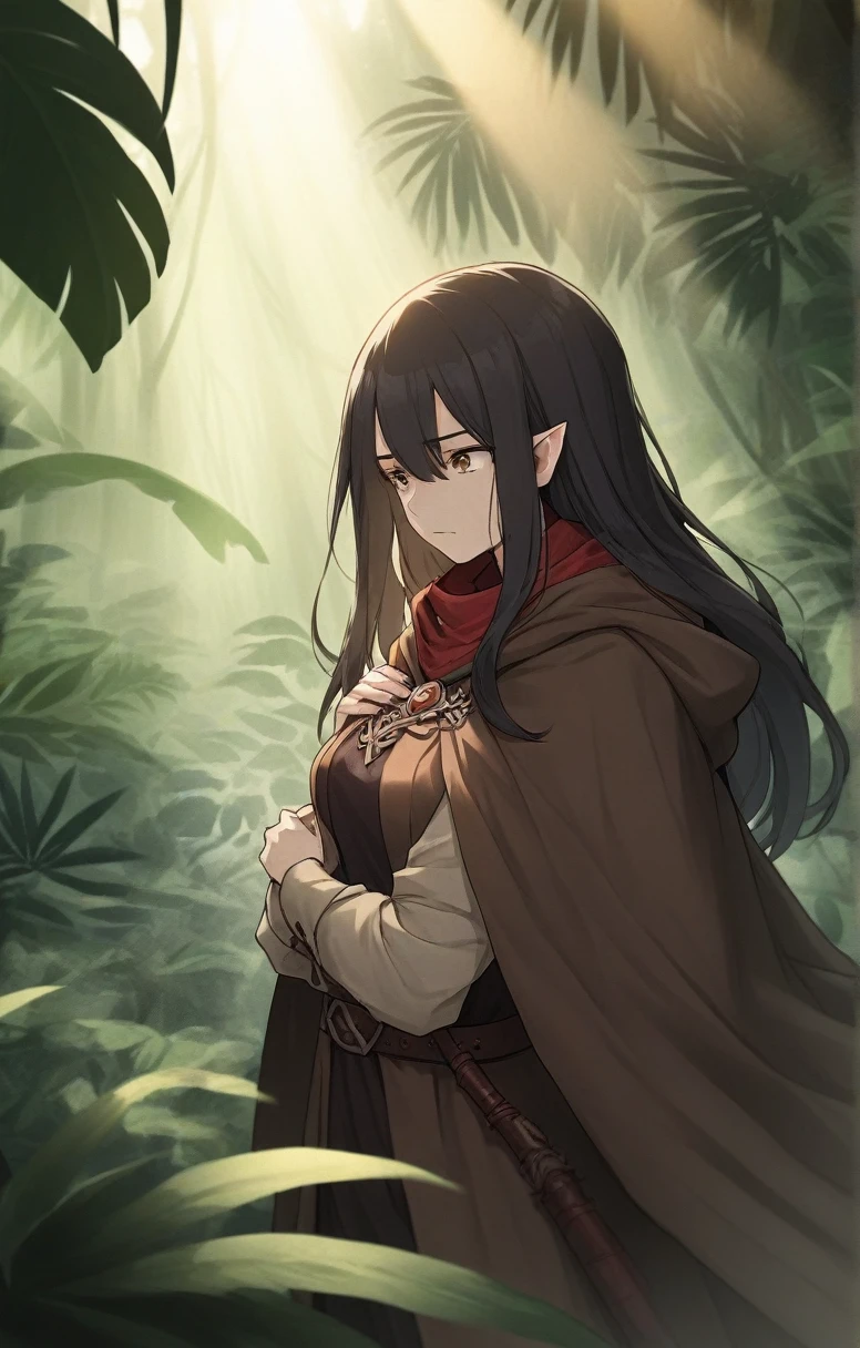 half elf, mature woman, dnd, adventurer, brown cloak, elegant, long black hair, flat chest, hood on, hidden face, jungle , sun light