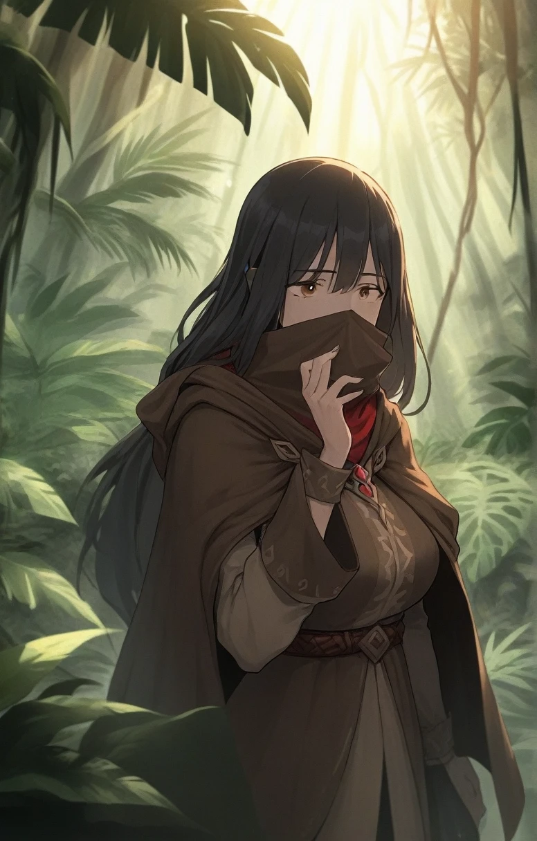 half elf, mature woman, dnd, adventurer, brown cloak, elegant, long black hair, flat chest, hood on, hidden face, jungle , sun light