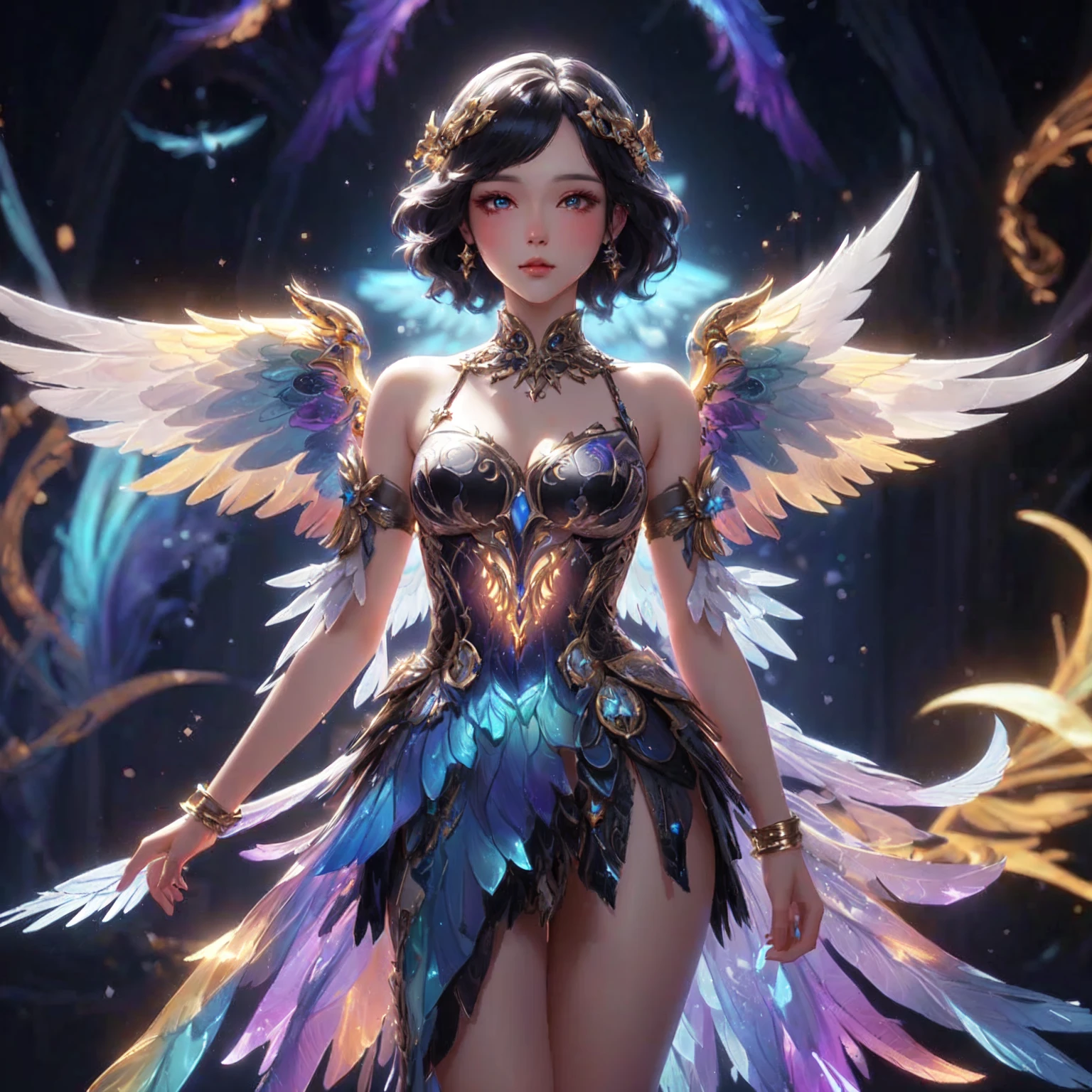 Woman in a dress with wings and a crown, Fantasy art style, By Yang J, High quality 8K detailed artwork., Like a mysterious Valkyrie, Ethereal wings, digital fantasy art ), angel on the star, Highly detailed fantasy characters, fantasy style art, epic Fantasy art style, epic Fantasy art style hd, Trending on cgstation, Fully majestic angel