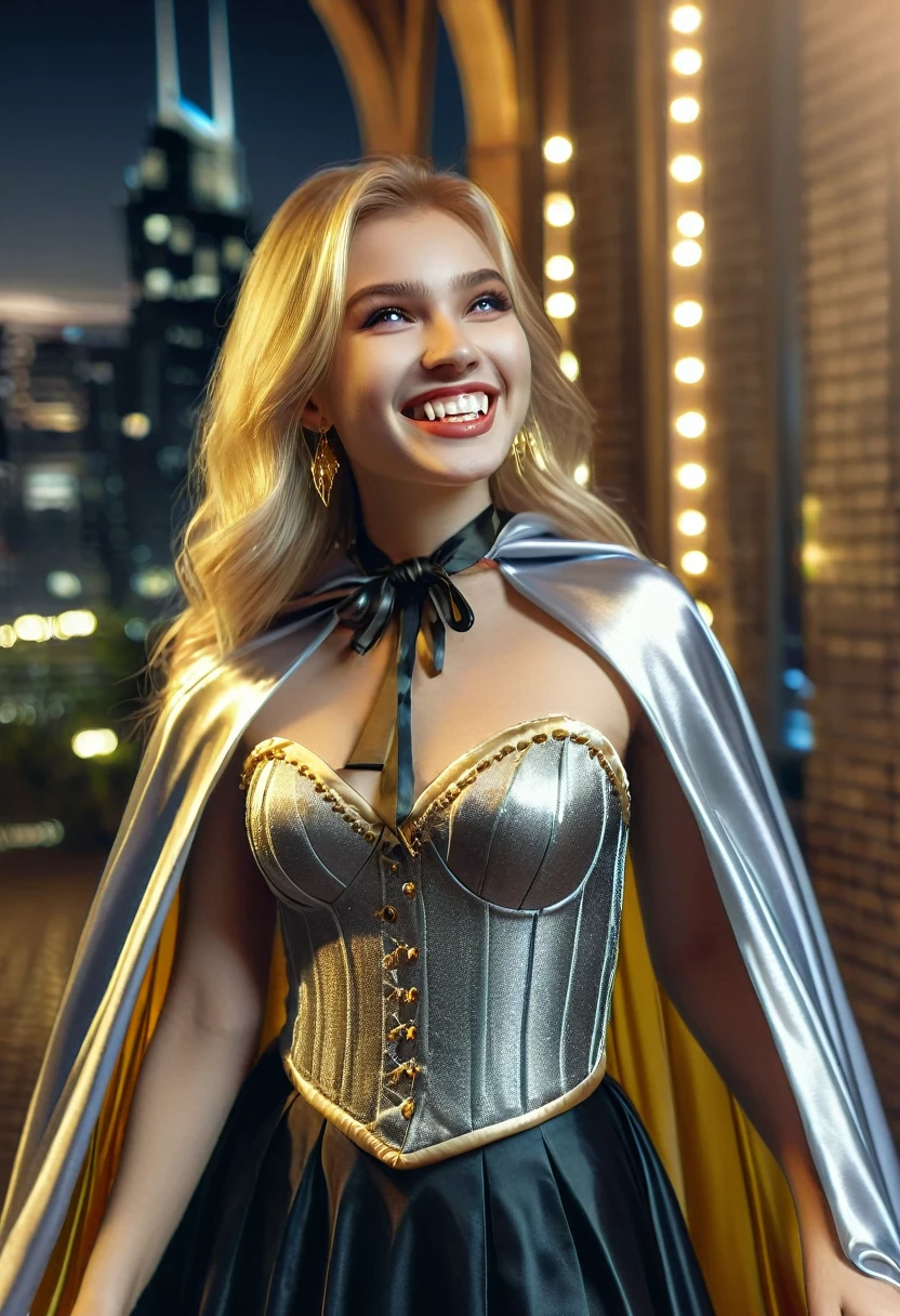 Vampyfangs1,(RAW photo) , 1girl, cute, 20 years old, long blonde hair in ponytail, smiling, look at viewer, ((((silver and gold lined satin cape tied at the neck)))+++, side spilt skirt , photo, realistic, best quality, hires, detailed face, detailed background, diffused lighting, depth of field, bokeh