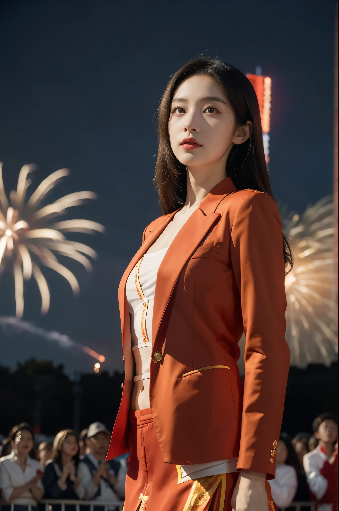 (((best quality))),(((ultra detailed))),(((masterpiece))),illustration, ((Olympic Opening Ceremony,in Paris,summer night,magnificent National stadium of France,Olympic flame, fireworks)),(crowded crowds of enthusiastic spectators:1.3),((a beautiful Chinese girl,solo)),((shoulder length straight hair:1.2)),((slim,thin)),((small breasts,flat chest)),(red blazer:1.5),(yellow dress:1.2),(slender legs:1.2),excited expression, awe, celebrating, electric atmosphere, sense of pride, excitement, playing field, crowd energy, unity, camaraderie, representing China, historic event, memorable moment,((standing,arms behind back)),((from front,upper body))