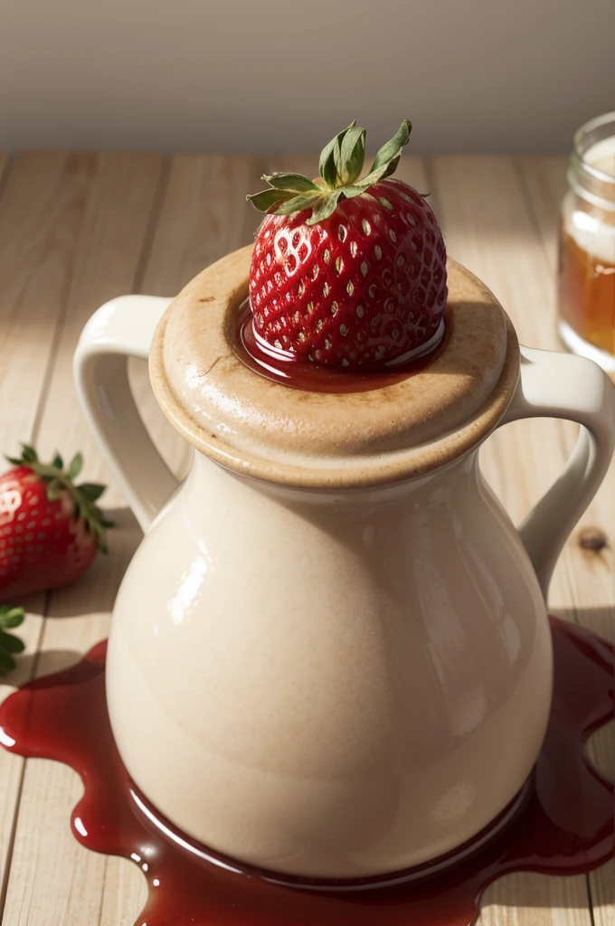 Strawberry in syrup, neutral background, photo realist, cinematic ,