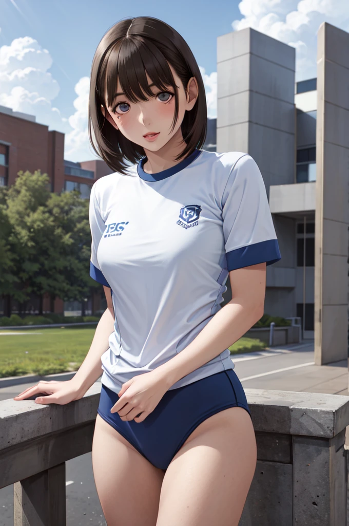 masterpiece, best quality, highres, aanene, short hair, buruma,gym uniform, standing, cowboy shot, outdoors, ahegao,nsfw,