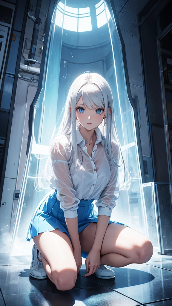 Full body beautiful woman wearing transparent white shirt transparent blue miniskirt squatting