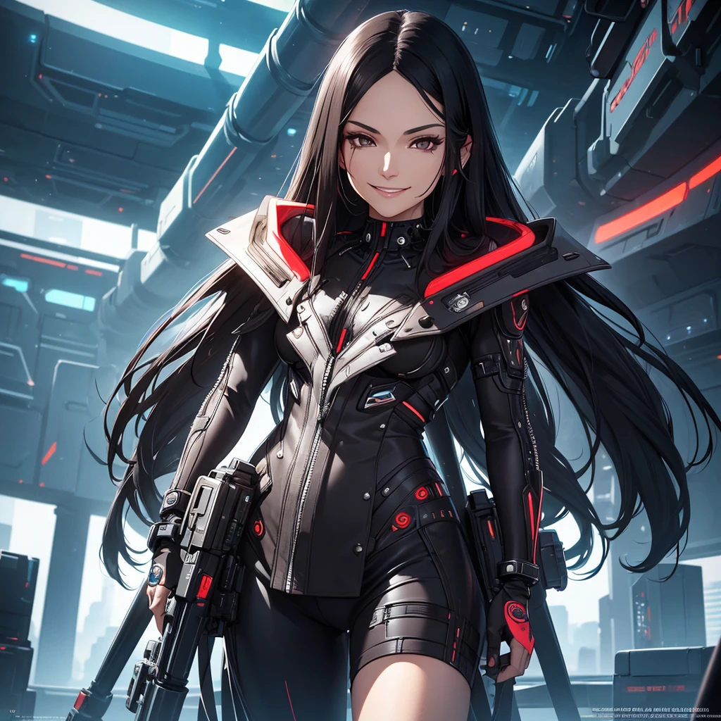 a mature woman with long black hair, brown eyes, and a mocking smile, wearing futuristic clothes in a futuristic setting, detailed facial features, ultra-detailed, masterpiece, photorealistic, high quality, 8k, sharp focus, vivid colors, science fiction, cyberpunk