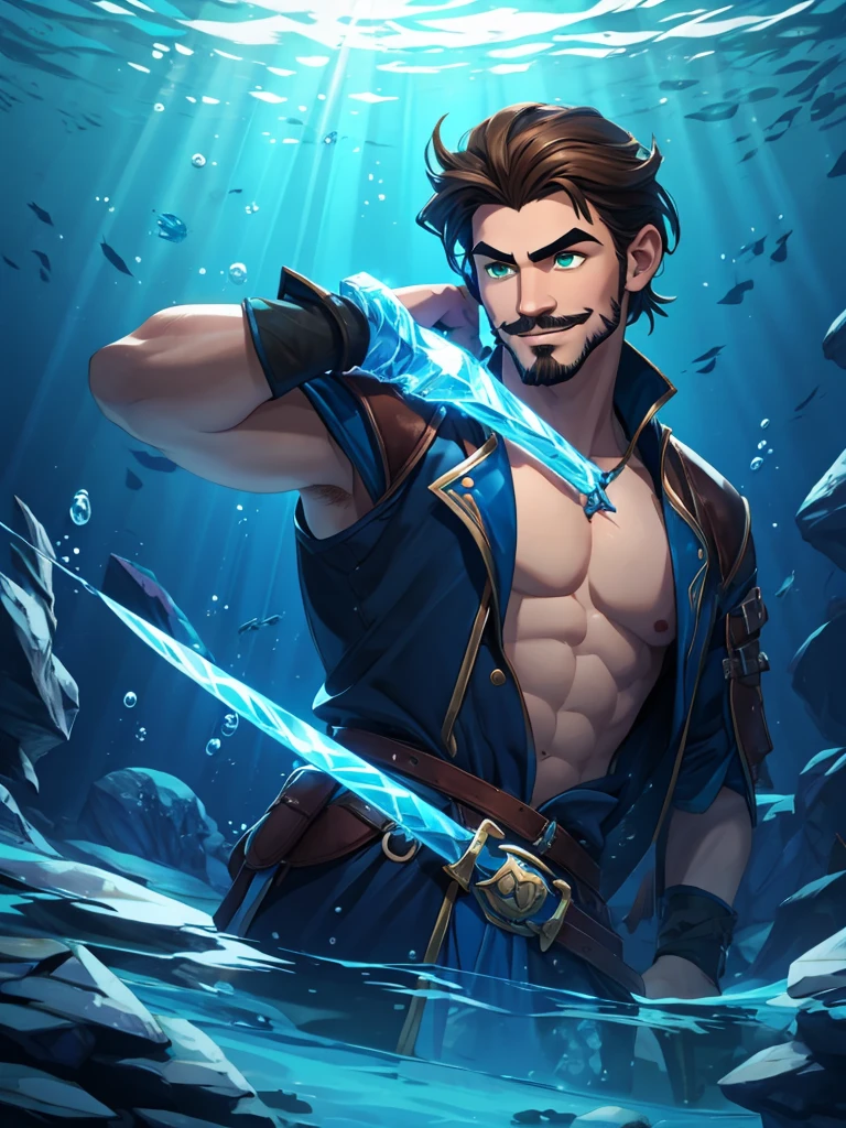 Dark blues colors. In the deep sea frozen waters, a boy is underwater. It is very dark, there is almost no light. He has brown hair held in a manbun, a short mustache and goatee, and green eyes. He has a very hooked nose and straight relaxed eyebrows. His face is gentle with angular bone structure and he's smiling gently. he wears fur and leather clothe. He wields water and ice magic around him.