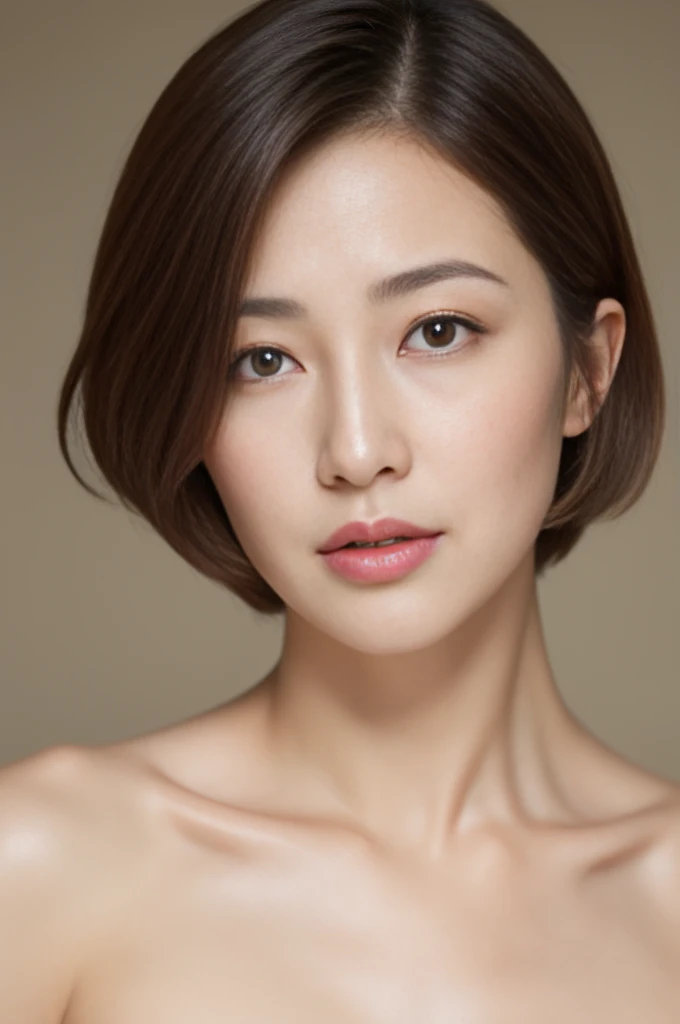 top-quality,40 year old woman,Colossal ,so short hair,well-muscled,Beautiful face,Slender eyes,Thick lip,Thin makeup,blusher,Realistic wrinkles,Exposing breasts,