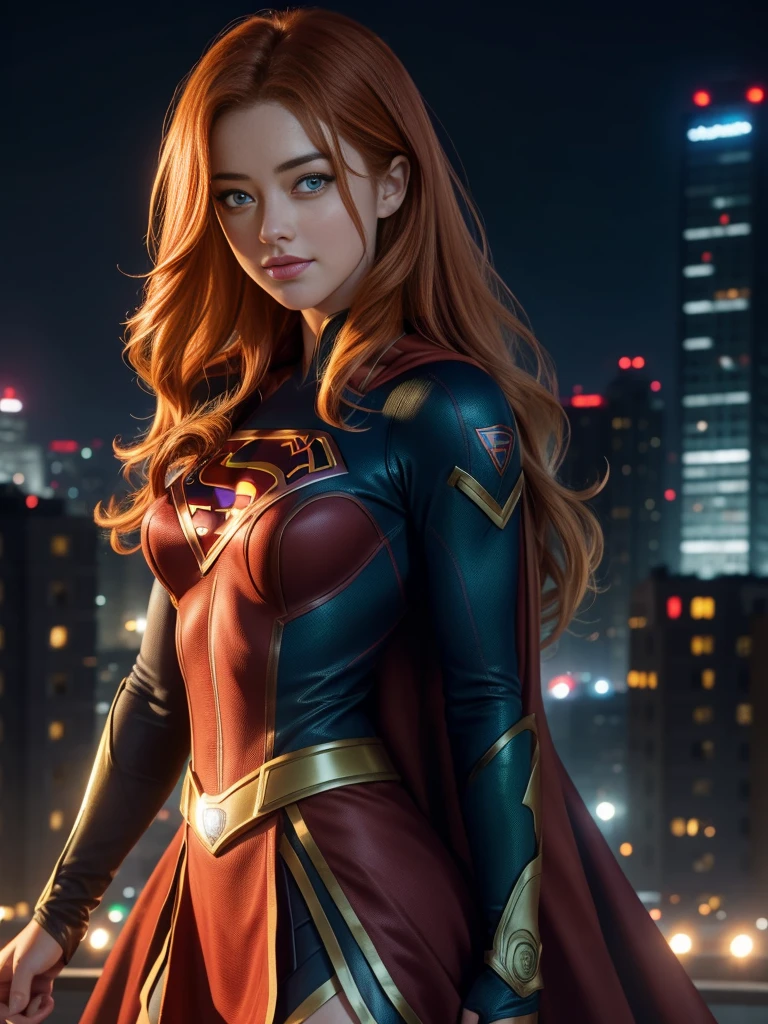 AMBER HEARD, supergirl, supergirl costume, anime, medium , perfect face, ginger hair, perfect hands, 5 fingers, seducing smile, v4, 8k, small breasts, (upper body view), light green eyes, Emerald eyes, symbol-shaped pupils, (background: on city building), night light, night, jim lee,