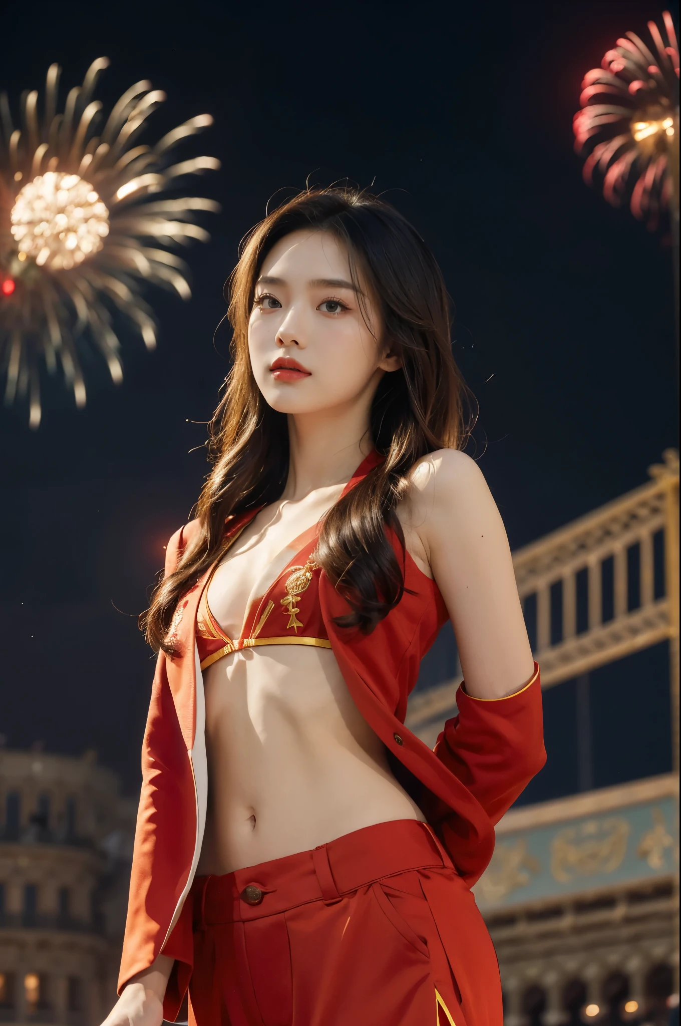 (((best quality))),(((ultra detailed))),(((masterpiece))),illustration, ((Olympic Opening Ceremony,in Paris,summer night,magnificent National stadium of France,Olympic flame, fireworks)),(crowded crowds of enthusiastic spectators:1.3),((a beautiful Chinese girl,solo)),((shoulder length straight hair:1.2)),((slim,thin)),((small breasts,flat chest)),(red blazer:1.5),(yellow dress:1.2),(slender legs:1.2),excited expression, awe, celebrating, electric atmosphere, sense of pride, excitement, playing field, crowd energy, unity, camaraderie, representing China, historic event, memorable moment,((standing,arms behind back)),((from front,upper body))