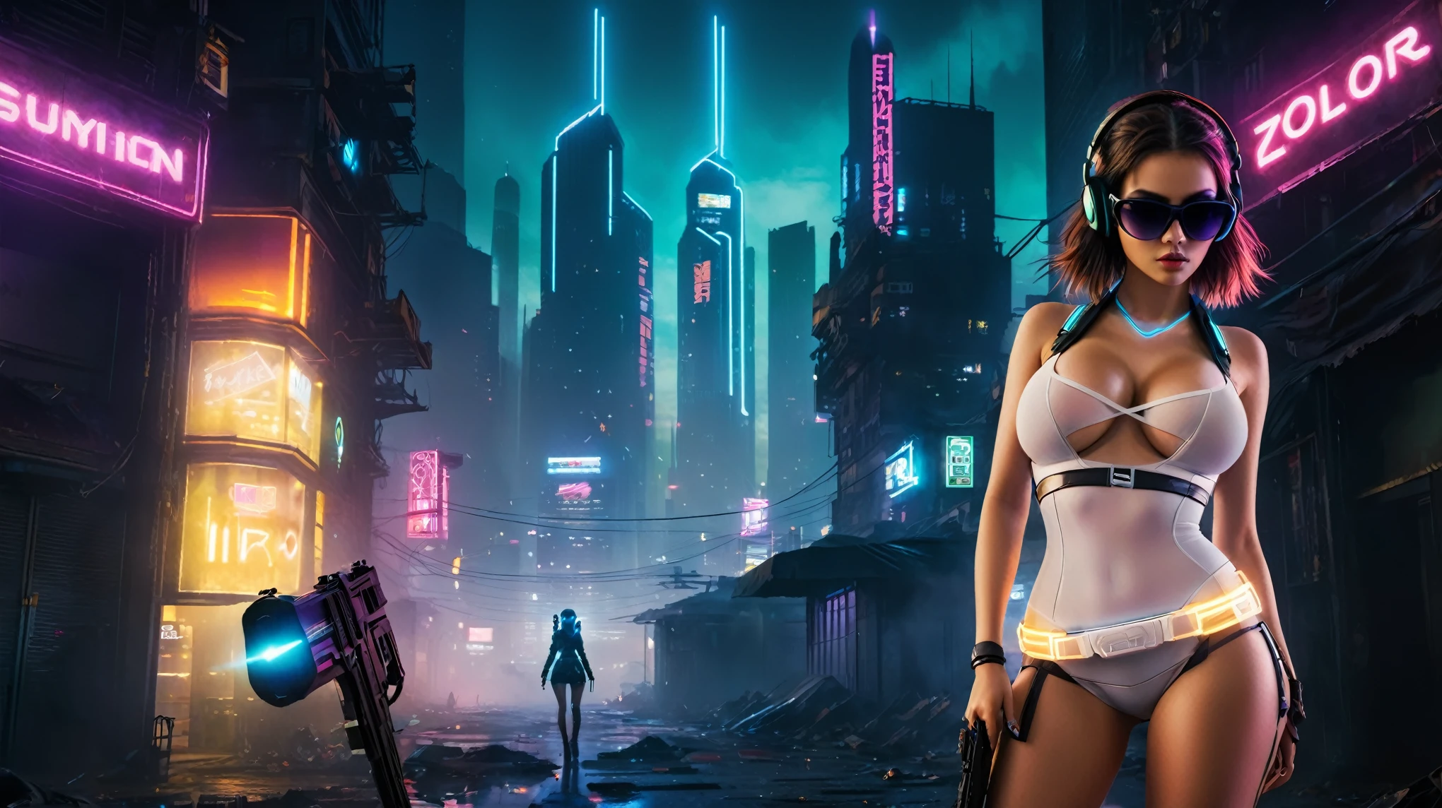 dark futuristic landscape, at night, neon lights, Atmospheric fog, large buildings in the background, futuristic city, streets with open shops, skyscraper (postapocalyptic city:1.3). (((1girl, solo, alone))), large-breast:1.2 slim body, cleavage:1.1, sexy miniskirt, (((headphone, black sunglasses, standing and holding pistol pose))), (((half-body thigh level medium shot))), cinematic lighting, lens flare, ray tracing.