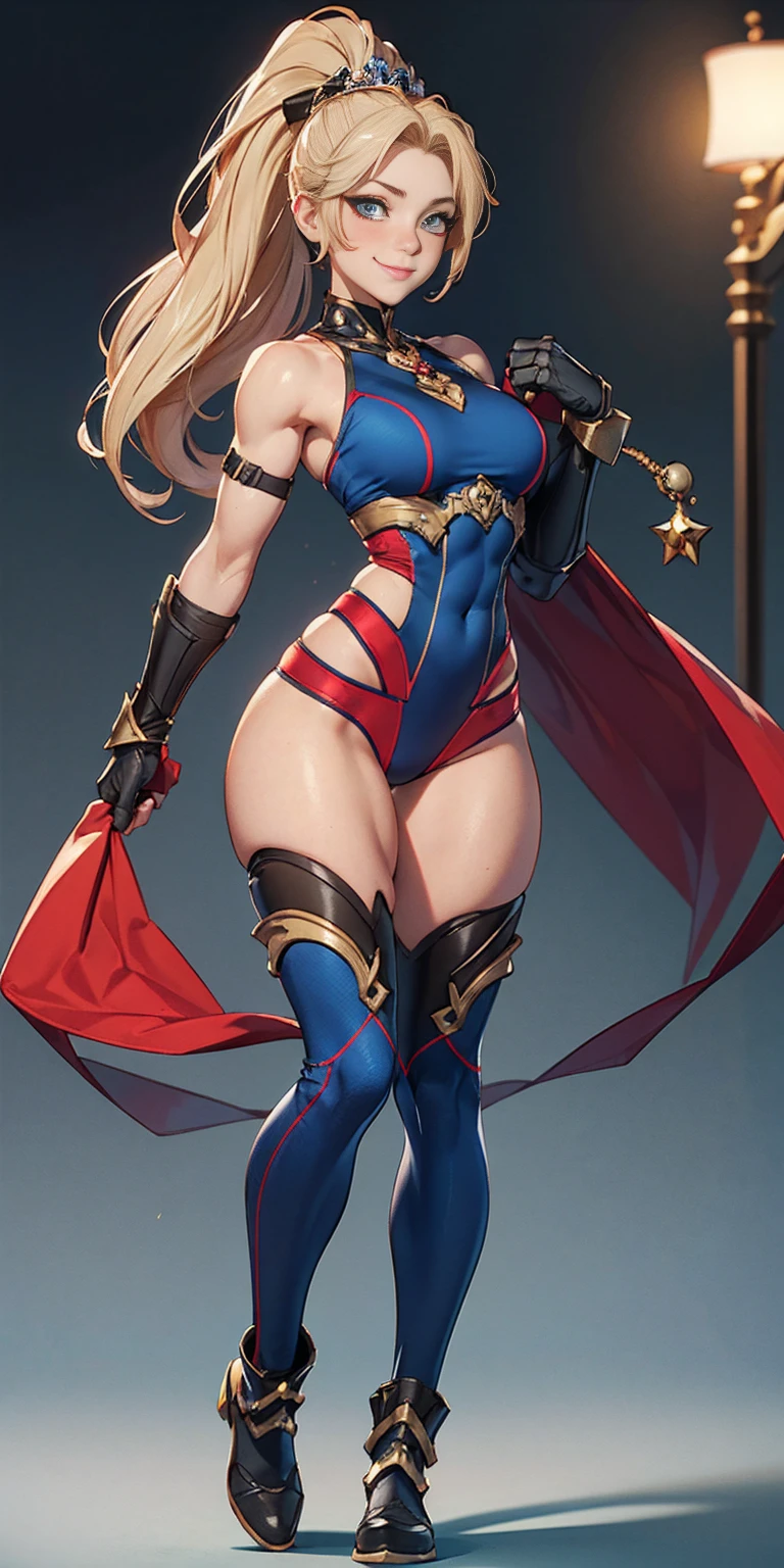 whole body, red breastplate, Redskin, looking at the viewer, bright,armor, Thighs, waders,shoulder armor, failures, Poland, gloves, gauntlets, Rerebrace armored boots, shoulder pads,(Masterpiece, Best Quality, ultra detailed, best shadow) yordle (1 girl)( Redskin:1.2) pointy ears muscular lean platinum blonde long twin-tails hairstyle at the office lustful smirking smile face red blushed, blush, strong abs, female bodybuilder, tiara, double hair drills
