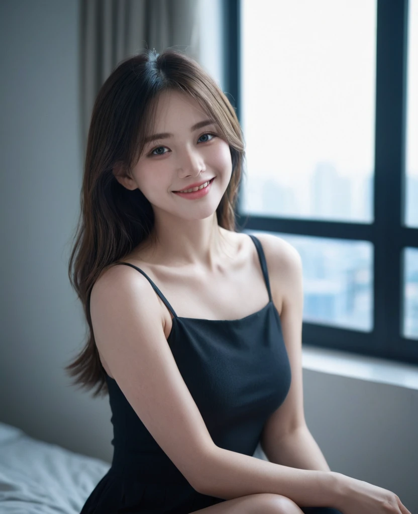 (Canon RF85mmf/1.2,Highest quality,reality:1.4,Light),Highest quality,masterpiece,Ultra-high resolution,(realism:1.5),Original photo,1 girl,smile,Lower shoulder,In the Dark,Deep Shadow,low posture,Cold Light,attractive appearance,Medium Hair,Half-body photo,