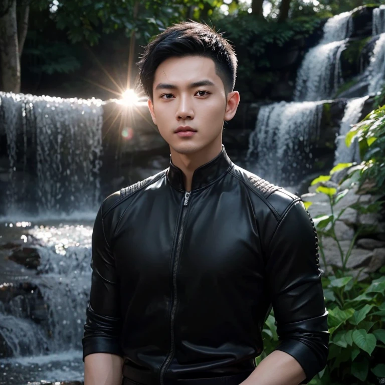 Close-up photo, Southeast Asian man with a round face,black eyes, short hair, Mohawk hair, abdominal muscles, perfect body, outdoor, Warm light, The morning sun shines beautifully., (digital painting, HDR, high contrast), 3d, 8k, 45,000,000 pixcls, realistically,